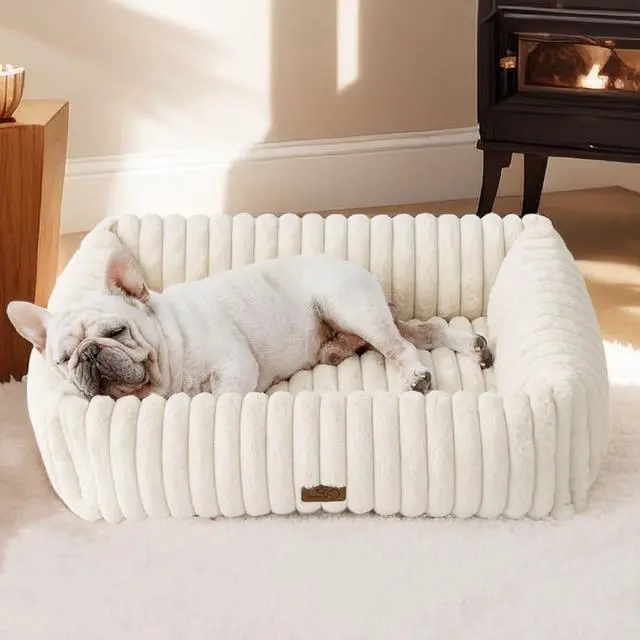 Main image of ComfyFleece Cute Dog Bed Medium Large Size Dog Washable30in Cream | Furry Puppy Beds,Square Rectangle Orthopedic Corduroy Aesthetic Pet Beds,Removable Zipper Cover,Non-Slip Bottom,Up to 40 Lbs