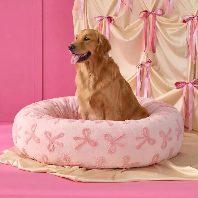 Alt view image 6 of 7 - Lesure Shown on TV Jacquard Donut Dog Beds Extra Large,Pink Taffy 42x42x9in | XL Orthopedic Calming Pet Bed Sofa, Original Design Pattern,Washable Cover, Home Decor as Gift for Pet,Anti Slip Bottom