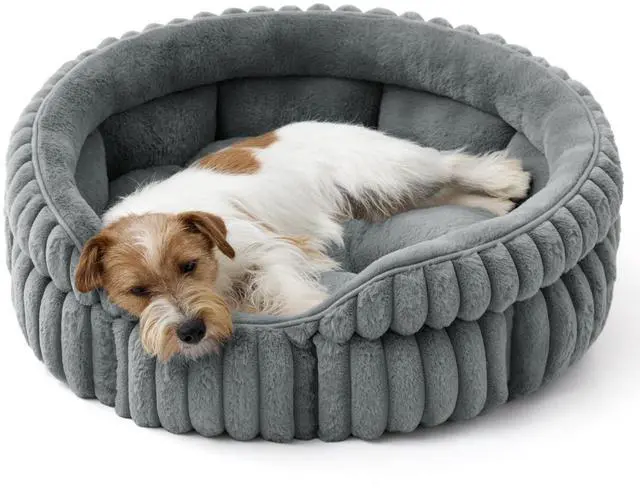 Main image of ComfyFleece Washable Cute Small Medium Dog Bed,Round Pet Bed,26in | Cozy Donut Soft Fluffy Plush,Comfort Corduroy Cuddler Pet Beds,Luxury Aesthetic,Anti-Slip Bottom,Up to 30 Lbs,Warm Gray