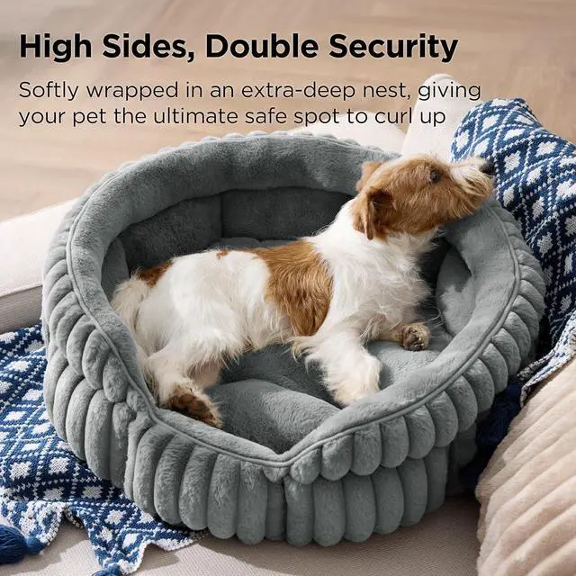 Alt view image 2 of 7 - ComfyFleece Washable Cute Small Medium Dog Bed,Round Pet Bed,26in | Cozy Donut Soft Fluffy Plush,Comfort Corduroy Cuddler Pet Beds,Luxury Aesthetic,Anti-Slip Bottom,Up to 30 Lbs,Warm Gray