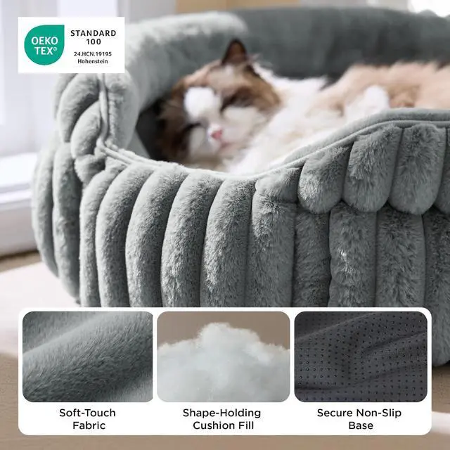 Alt view image 3 of 7 - ComfyFleece Washable Cute Small Medium Dog Bed,Round Pet Bed,26in | Cozy Donut Soft Fluffy Plush,Comfort Corduroy Cuddler Pet Beds,Luxury Aesthetic,Anti-Slip Bottom,Up to 30 Lbs,Warm Gray
