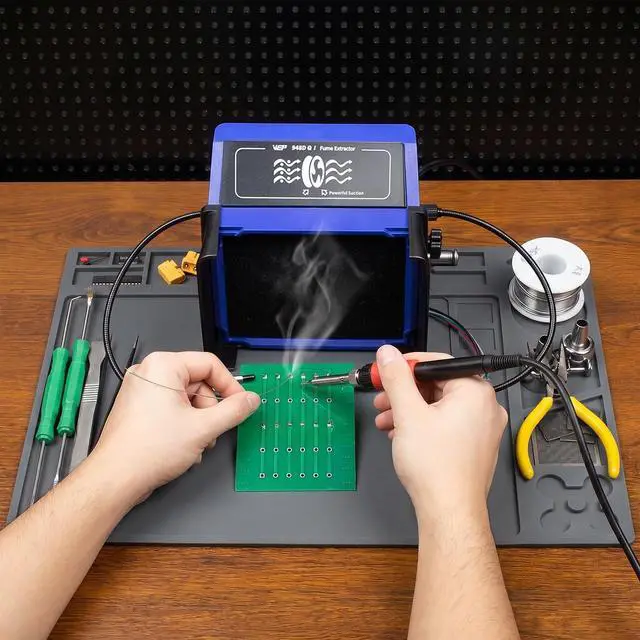 Alt view image 2 of 7 - 948DQ-I Fume Extractor Tool Bundle with M160 Silicone Soldering Mat 13.7x9.9 inches with 6 Filtration Adsorbers,Helping Hands for Adsorbing the Harmful Particles Generated from Soldering