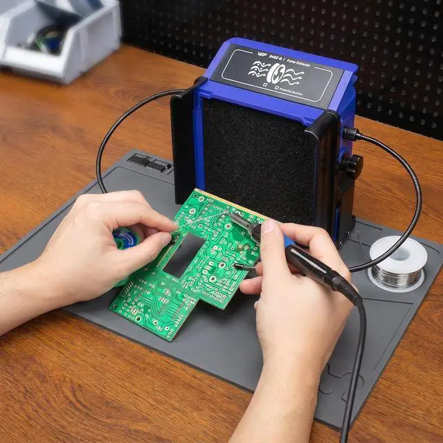 Alt view image 2 of 7 - 948DQ-I Fume Extractor Tool Bundle with M150 Silicone Soldering Mat 12.9x8.2 inches with 6 Filtration Adsorbers,Helping Hands for Adsorbing the Harmful Particles Generated from Soldering