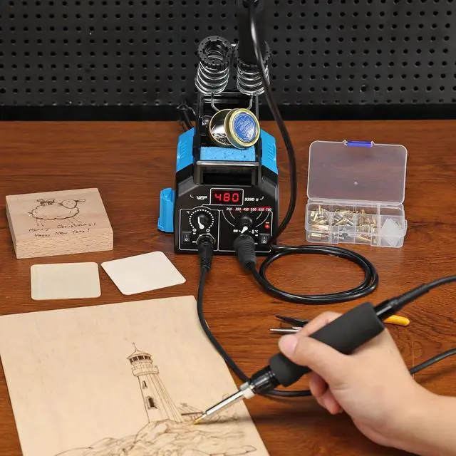 Alt view image 2 of 7 - 939D-II 2-IN-1 Wood Burning Kit 86-IN-1 with 51 Solid Points and 20 Wire Nibs Wood Burner with 2 Letter Number Stencils, 2 Unfinished Wood, 1 Pen Holder, Burning Tool