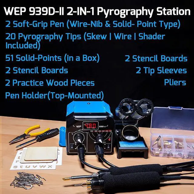 Alt view image 4 of 7 - 939D-II 2-IN-1 Wood Burning Kit 86-IN-1 with 51 Solid Points and 20 Wire Nibs Wood Burner with 2 Letter Number Stencils, 2 Unfinished Wood, 1 Pen Holder, Burning Tool
