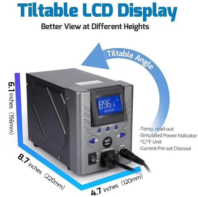 Alt view image 3 of 7 - 948D-I 110W High Power Desoldering Station with 4 Desoldering Nozzles, Temperature-Controlled with 3 Pre-set Channels, Tiltable Display, ESD-Safe