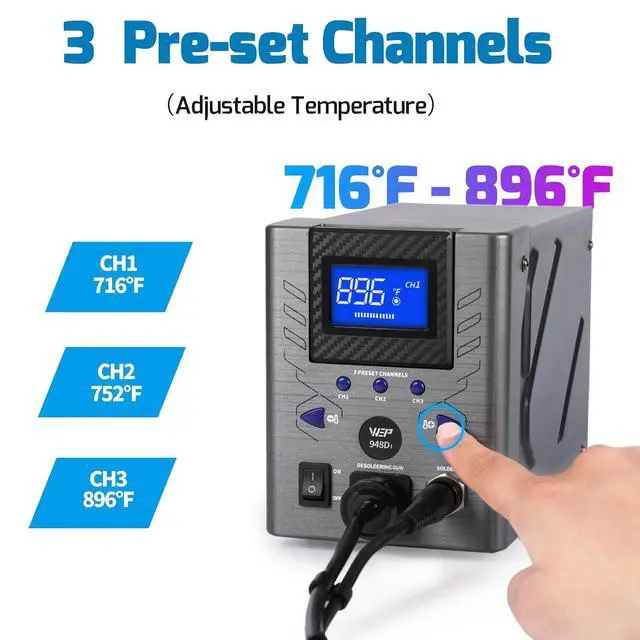 Alt view image 5 of 7 - 948D-I 110W High Power Desoldering Station with 4 Desoldering Nozzles, Temperature-Controlled with 3 Pre-set Channels, Tiltable Display, ESD-Safe