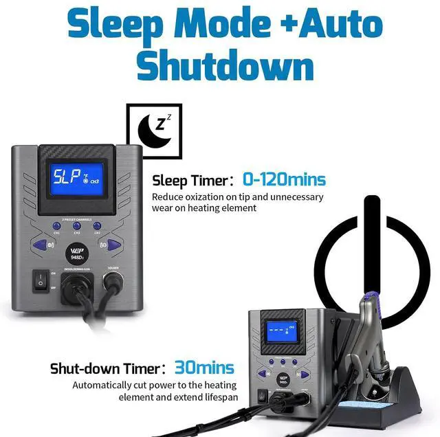 Alt view image 6 of 7 - 948D-I 110W High Power Desoldering Station with 4 Desoldering Nozzles, Temperature-Controlled with 3 Pre-set Channels, Tiltable Display, ESD-Safe