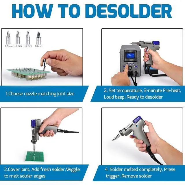 Alt view image 7 of 7 - 948D-I 110W High Power Desoldering Station with 4 Desoldering Nozzles, Temperature-Controlled with 3 Pre-set Channels, Tiltable Display, ESD-Safe