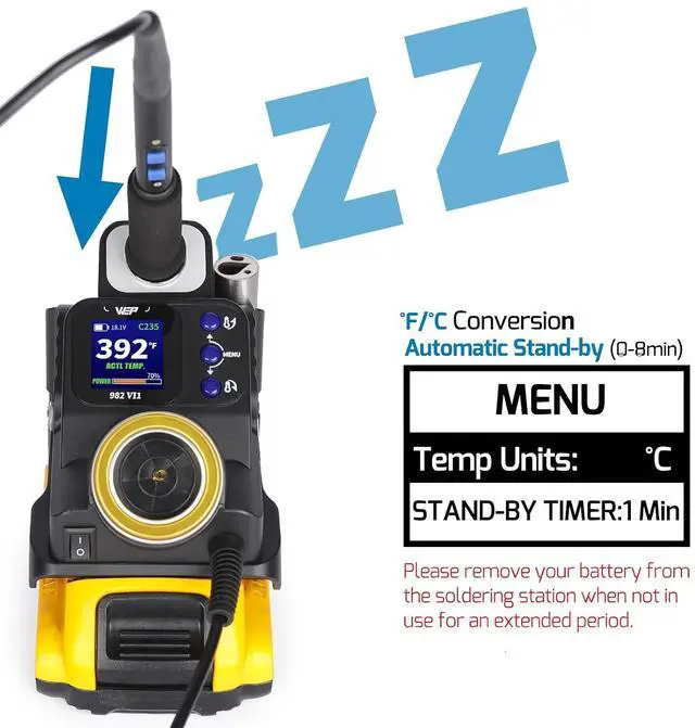 Alt view image 5 of 7 - 982-VI 1 Cordless Soldering Station for Dewalt 20V Battery Soldering Iron Kit with Integrated Holder, Tips Cleaner, °C-°F Conversion, Sleep Mode, 5 C235 Compatible Tips, 0.8mm Solder Wire