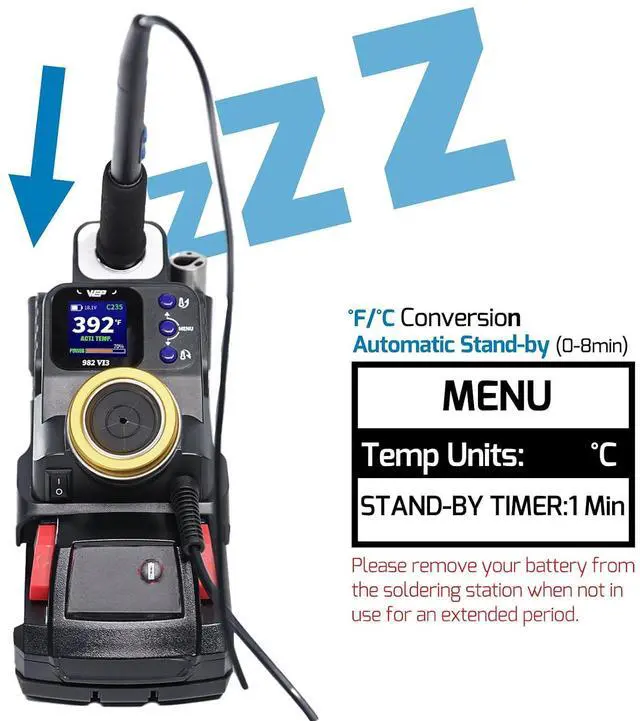 Alt view image 5 of 7 - 982-VI 3 Cordless Soldering Station for Milwaukee 20V Battery Soldering Iron Kit with Integrated Holder, Tips Cleaner, °C-°F Conversion, Sleep Mode, 5 C235 Compatible Tips, 0.8mm Solder Wire