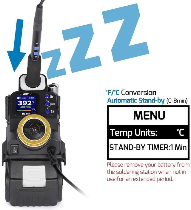 Alt view image 5 of 7 - 982-VI 2 Cordless Soldering Station for Makita 20V Battery Soldering Iron Kit with Integrated Holder, Tips Cleaner, °C-°F Conversion, Sleep Mode, 5 C235 Compatible Tips, 0.8mm Solder Wire