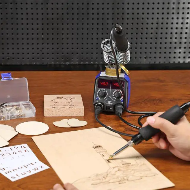 Alt view image 2 of 7 - 939D VII 2-IN-1 Wood Burning Kit 84-IN-1 with 51 Solid Points and 23 Wire Nibs Wood Burner with 2 Letter Number Stencils, 6 Unfinished Wood, 1 Pen Holder, Burning Tool