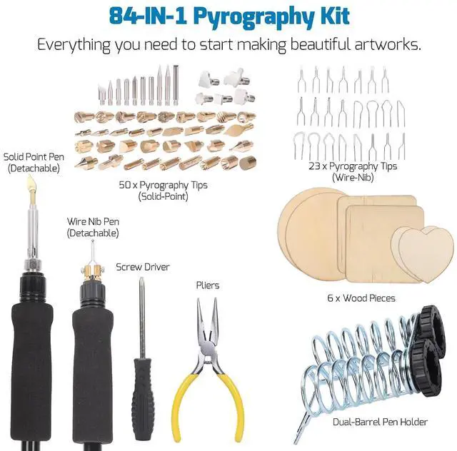 Alt view image 4 of 7 - 939D VII 2-IN-1 Wood Burning Kit 84-IN-1 with 51 Solid Points and 23 Wire Nibs Wood Burner with 2 Letter Number Stencils, 6 Unfinished Wood, 1 Pen Holder, Burning Tool