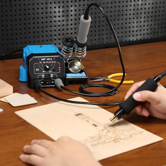 Alt view image 2 of 7 - 939-III Dual Pen Wood Burning Kit 34-in-1 with 20 Woodburning Tips Soft-Grip Pyrography Pen with 2 Stencils, 2 Unfinished Wood, 1 Pen Holder Professional Wood Burner Tool