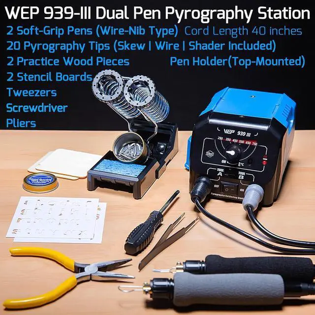 Alt view image 4 of 7 - 939-III Dual Pen Wood Burning Kit 34-in-1 with 20 Woodburning Tips Soft-Grip Pyrography Pen with 2 Stencils, 2 Unfinished Wood, 1 Pen Holder Professional Wood Burner Tool