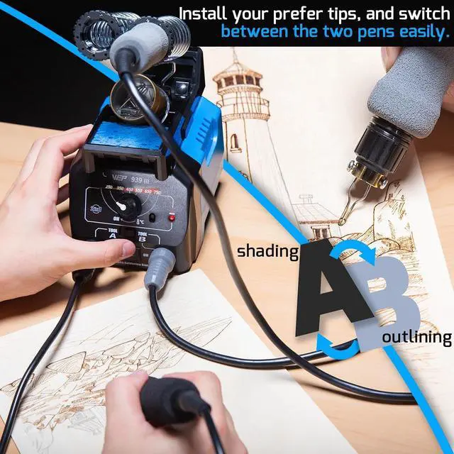 Alt view image 5 of 7 - 939-III Dual Pen Wood Burning Kit 34-in-1 with 20 Woodburning Tips Soft-Grip Pyrography Pen with 2 Stencils, 2 Unfinished Wood, 1 Pen Holder Professional Wood Burner Tool