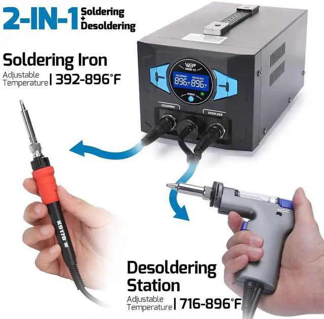 Alt view image 4 of 7 - 948D III Upgraded 2-IN-1 ESD Safe Soldering Desoldering Station with Fast-Heating Desoldering Gun & Soldering Iron, Sleep Mode, Automatic Shutdown, Temperature Calibration with 31 Pcs Accessories