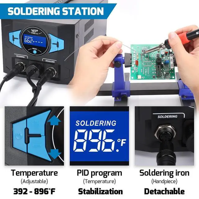 Alt view image 6 of 7 - 948D III Upgraded 2-IN-1 ESD Safe Soldering Desoldering Station with Fast-Heating Desoldering Gun & Soldering Iron, Sleep Mode, Automatic Shutdown, Temperature Calibration with 31 Pcs Accessories