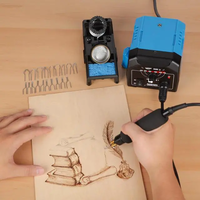 Alt view image 2 of 7 - 939-II Pyrography Station Wood Burning Kit 32-IN-1 with 20 Wood Burner Tips Comfort Pen with 2 Letter Number Stencils, 2 Unfinished Wood, 1 Pen Holder Woodburning Tools