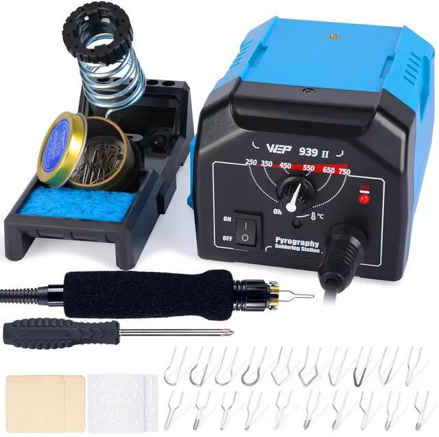 Main image of 939-II Pyrography Station Wood Burning Kit 32-IN-1 with 20 Wood Burner Tips Comfort Pen with 2 Letter Number Stencils, 2 Unfinished Wood, 1 Pen Holder Woodburning Tools