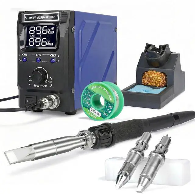 Main image of 939D+IV 300W Heavy Duty Soldering Iron for Stained Glass, Larger Electronic Projects, PID Temp. Controlled LED Solder Station with 3 Quick Change Tips, Detachable Handpiece, 3 Pre-set Channels
