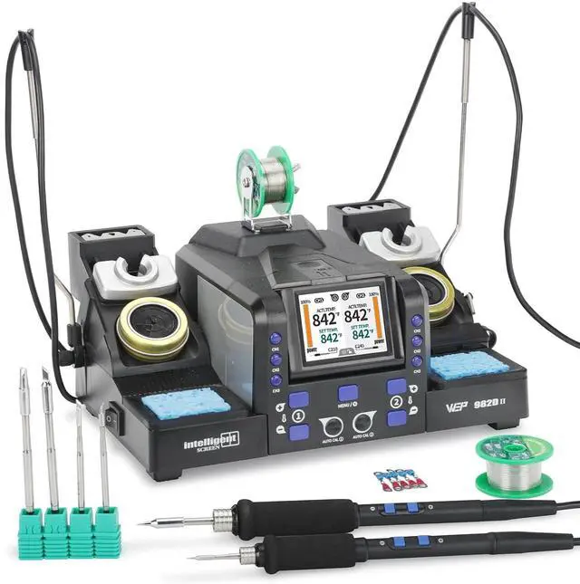 Main image of 982D-II 2-In-1 Micro Soldering Kit with Type-210 and 245 Micro Soldering Iron; Automatic Calibration, Adaptive Display Mode, 3 Pre-set Channels, Dynamic LCD Display, Automatic Sleep Mode and More