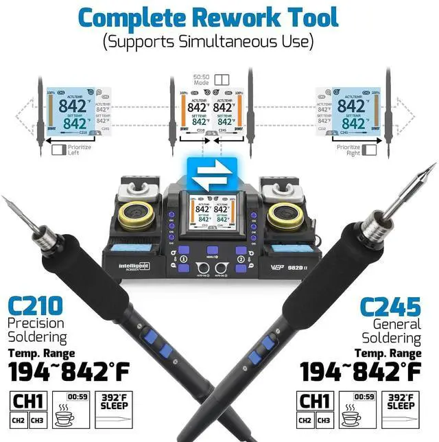 Alt view image 4 of 7 - 982D-II 2-In-1 Micro Soldering Kit with Type-210 and 245 Micro Soldering Iron; Automatic Calibration, Adaptive Display Mode, 3 Pre-set Channels, Dynamic LCD Display, Automatic Sleep Mode and More