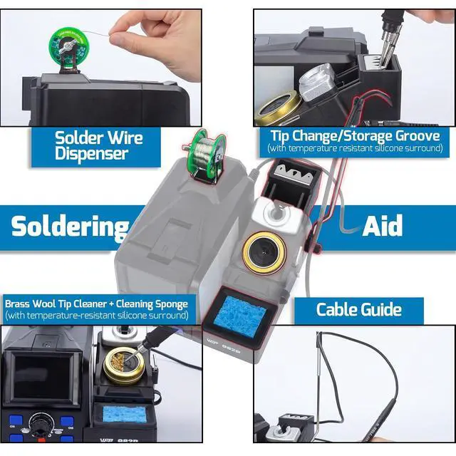 Alt view image 7 of 7 - 982D Precision Soldering Station with Automatic Calibration, Tiltable Screen, C245 C210 Compatible Soldering Iron Kit with 2 Spools Lead Free Solder Wire, 6 Soldering Cartridges