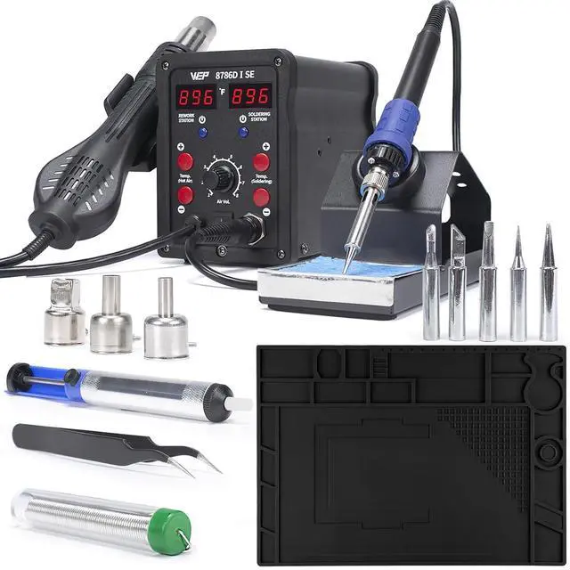Main image of 8786D-I SE SMD Hot Air Rework Station Bundle with M170 Silicone Soldering Mat 17.3x12.2 inches with 5 Soldering Tips, 3 Hot air nozzles, Solder Wires for Repairing Large PCBs, DIY Projects