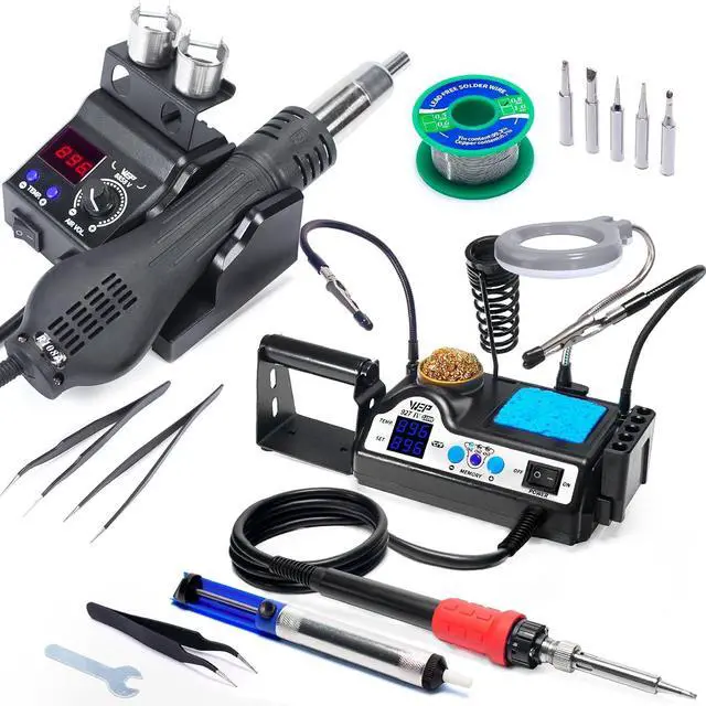 Main image of 927-IV 110W High-Power Soldering Station Bundle with 8858-V Hot Air Rework Station with 5 Soldering Tips, 3 Nozzles, Lead-free Solder Wire, Solder Sucker, Tweezers