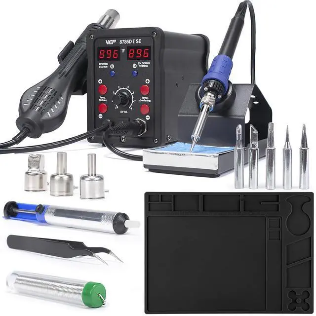 Main image of 8786D-I SE SMD Hot Air Rework Station Bundle with M160 Silicone Soldering Mat 13.7x9.9 inches with 5 Soldering Tips, 3 Hot air nozzles, Solder Wire for Electronics Repair, DIY Projects