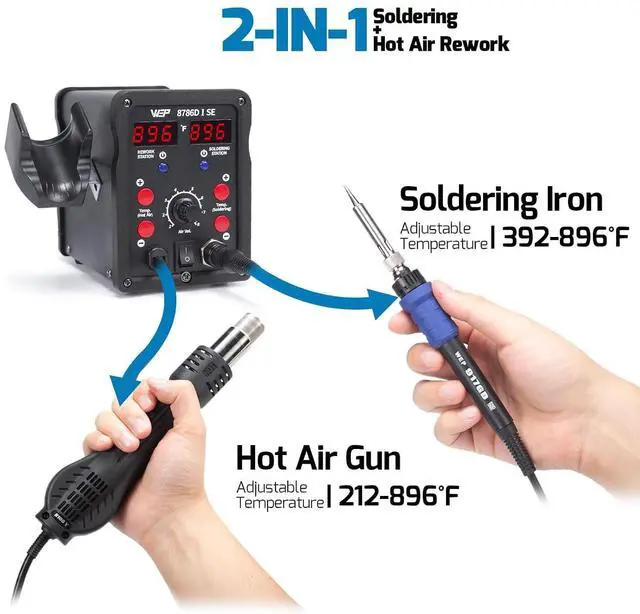 Alt view image 2 of 7 - 8786D-I SE 2-IN-1 SMD Hot Air Rework Station Bundle with S200 Gray Soldering Wire Holder 6 V-shaped grooves with 5 Soldering Tips(I,B,K,3.2D,3C), 3 Hot air nozzles for Soldering Wires, Heat Sh