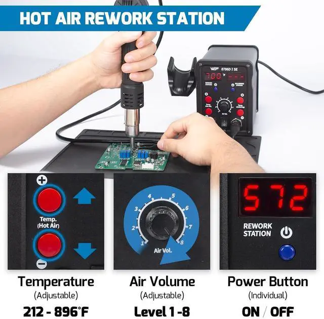 Alt view image 3 of 7 - 8786D-I SE 2-IN-1 SMD Hot Air Rework Station Bundle with S200 Gray Soldering Wire Holder 6 V-shaped grooves with 5 Soldering Tips(I,B,K,3.2D,3C), 3 Hot air nozzles for Soldering Wires, Heat Sh