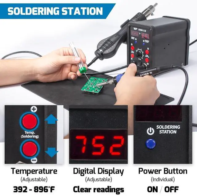 Alt view image 4 of 7 - 8786D-I SE 2-IN-1 SMD Hot Air Rework Station Bundle with S200 Gray Soldering Wire Holder 6 V-shaped grooves with 5 Soldering Tips(I,B,K,3.2D,3C), 3 Hot air nozzles for Soldering Wires, Heat Sh