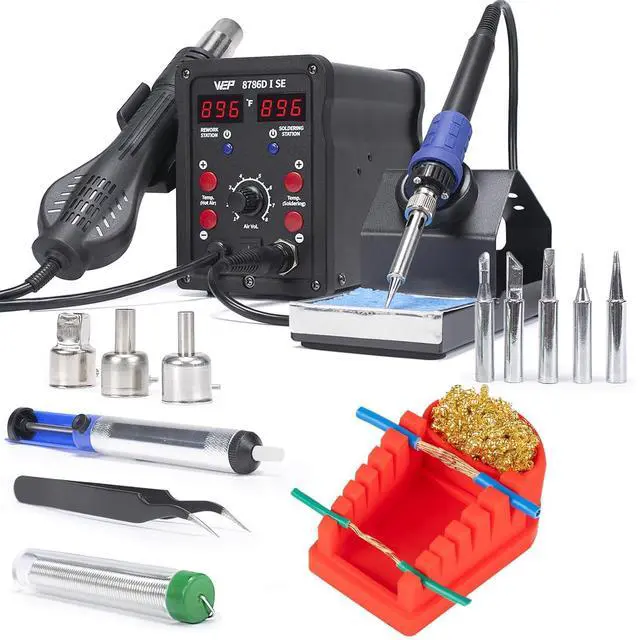 Main image of 8786D-I SE 2-IN-1 SMD Hot Air Rework Station Bundle with S200 Red Soldering Wire Holder 6 V-shaped grooves with 5 Soldering Tips(I,B,K,3.2D,3C), 3 Hot air nozzles for Soldering Wires, Heat Shr
