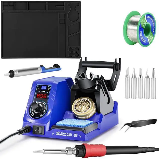 Main image of 926LED V1 110W Soldering Iron Kit Bundle with M160 Silicone Soldering Mat 13.7x9.9 inches with 5 Soldering Tips, Desoldering Pump, Solder Wire for Electronics Repair, DIY Projects