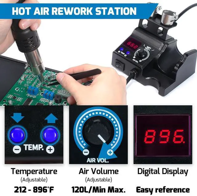 Alt view image 5 of 7 - 927-IV 110W High-Power Soldering Station Bundle with 8858-V Hot Air Rework Station with 5 Soldering Tips, 3 Nozzles, Lead-free Solder Wire, Solder Sucker, Tweezers