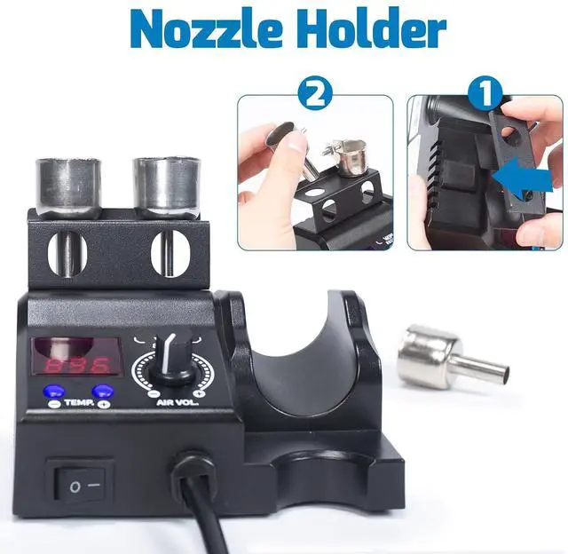 Alt view image 6 of 7 - 927-IV 110W High-Power Soldering Station Bundle with 8858-V Hot Air Rework Station with 5 Soldering Tips, 3 Nozzles, Lead-free Solder Wire, Solder Sucker, Tweezers