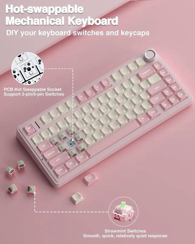 Alt view image 5 of 7 - F75 75% Wireless Mechanical Keyboard, Hot Swappable Pink Creamy Keyboard, Pre-lubed Linear Switches, PBT Keycaps, 2.4GHz/Type-C/BT5.0, RGB Backlit Computer Gaming Keyboards for Office/Laptop/PC