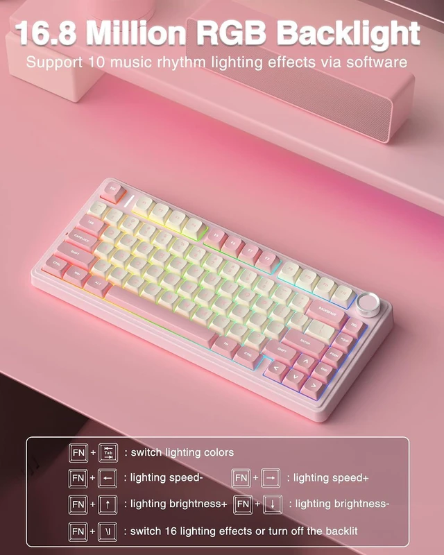 Alt view image 6 of 7 - F75 75% Wireless Mechanical Keyboard, Hot Swappable Pink Creamy Keyboard, Pre-lubed Linear Switches, PBT Keycaps, 2.4GHz/Type-C/BT5.0, RGB Backlit Computer Gaming Keyboards for Office/Laptop/PC