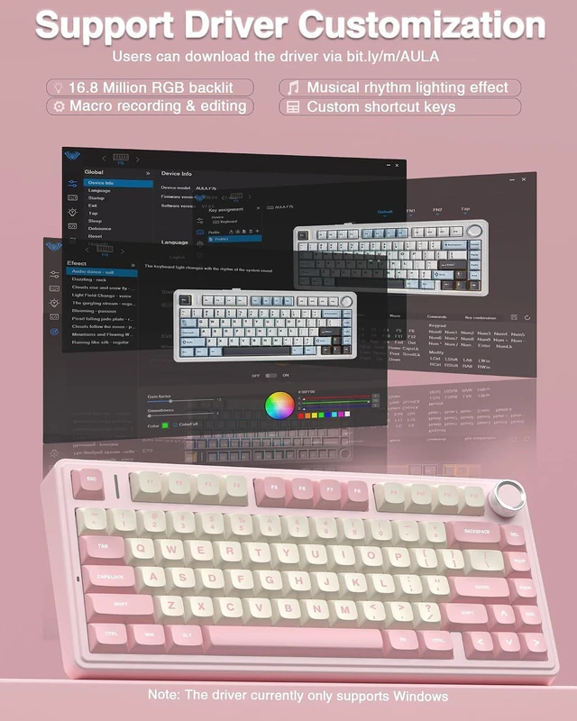 Alt view image 7 of 7 - F75 75% Wireless Mechanical Keyboard, Hot Swappable Pink Creamy Keyboard, Pre-lubed Linear Switches, PBT Keycaps, 2.4GHz/Type-C/BT5.0, RGB Backlit Computer Gaming Keyboards for Office/Laptop/PC