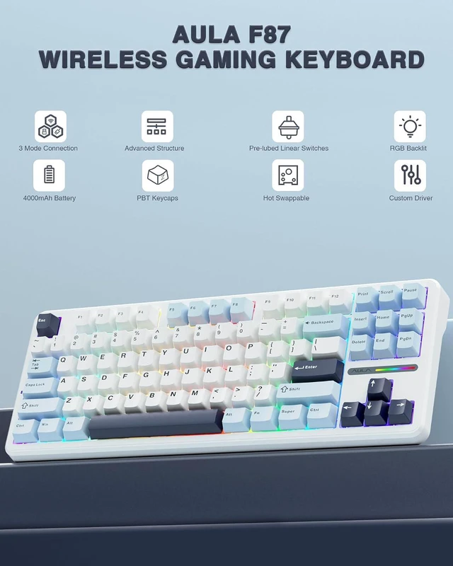 Alt view image 2 of 7 - F87 Wireless Mechanical Keyboard, 75% TKL Custom Hot Swappable Gaming Keyboards with PBT Keycaps, Pre-lubed Greywood Switches, RGB Backlit Creamy Keyboard, 2.4GHz/USB-C/BT5.0
