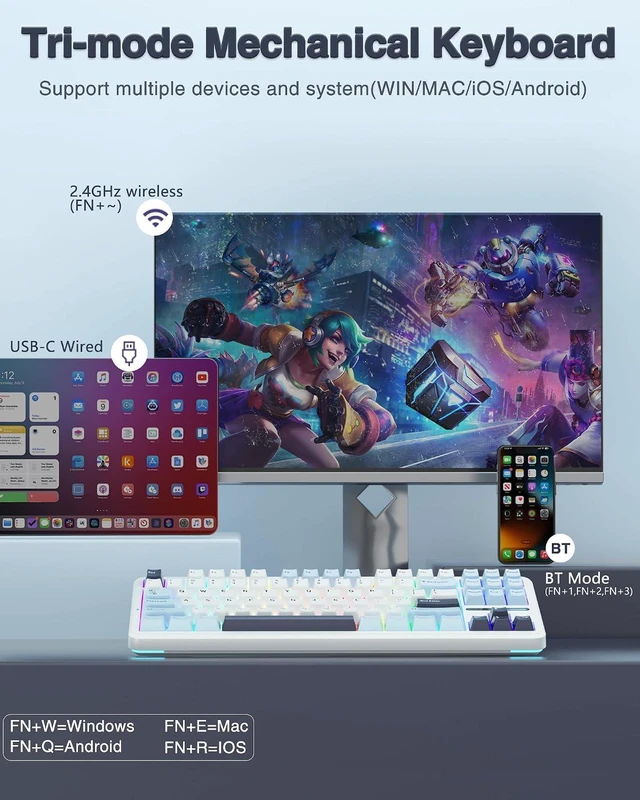 Alt view image 3 of 7 - F87 Wireless Mechanical Keyboard, 75% TKL Custom Hot Swappable Gaming Keyboards with PBT Keycaps, Pre-lubed Greywood Switches, RGB Backlit Creamy Keyboard, 2.4GHz/USB-C/BT5.0