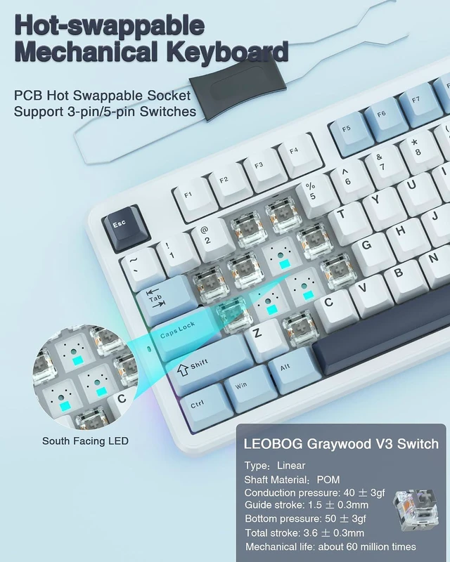 Alt view image 5 of 7 - F87 Wireless Mechanical Keyboard, 75% TKL Custom Hot Swappable Gaming Keyboards with PBT Keycaps, Pre-lubed Greywood Switches, RGB Backlit Creamy Keyboard, 2.4GHz/USB-C/BT5.0