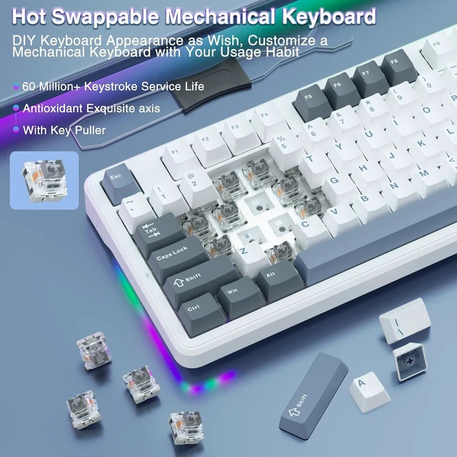 Alt view image 5 of 7 - F87 Wireless Mechanical Keyboard, 75% TKL Custom Hot Swappable Gaming Keyboards with PBT Keycaps, Pre-lubed Greywood Switches, RGB Backlit Creamy Keyboard, 2.4GHz/USB-C/BT5.0