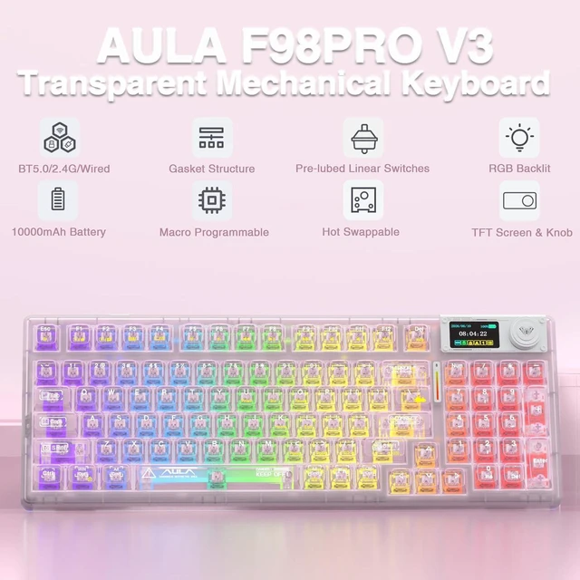 Alt view image 2 of 7 - F98 Pro V3 Wireless Mechanical Keyboard with Transparent Keycaps,Hot-swappable,Pre-lubed Linear Switches,Gasket Structure,RGB Backlit,TFT Screen,BT5.0/2.4G/USB-C Wired Computer Keyboard