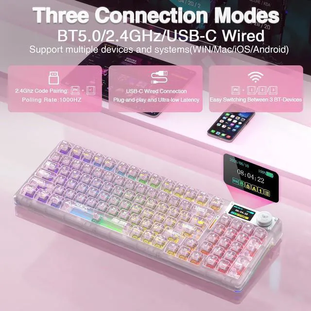 Alt view image 4 of 7 - F98 Pro V3 Wireless Mechanical Keyboard with Transparent Keycaps,Hot-swappable,Pre-lubed Linear Switches,Gasket Structure,RGB Backlit,TFT Screen,BT5.0/2.4G/USB-C Wired Computer Keyboard