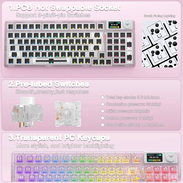 Alt view image 6 of 7 - F98 Pro V3 Wireless Mechanical Keyboard with Transparent Keycaps,Hot-swappable,Pre-lubed Linear Switches,Gasket Structure,RGB Backlit,TFT Screen,BT5.0/2.4G/USB-C Wired Computer Keyboard