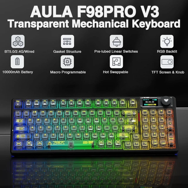 Alt view image 2 of 7 - F98 Pro V3 Wireless Mechanical Keyboard with Transparent Keycaps,Hot-swappable,Pre-lubed Linear Switches,Gasket Structure,RGB Backlit,TFT Screen,BT5.0/2.4G/USB-C Wired Computer Keyboard